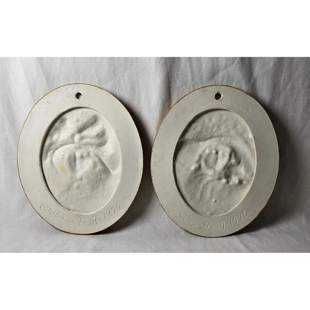 2 Vintage 1975 Art Duncan Round Wall Molds Hand Painted Lady Dog Ceramics Signed